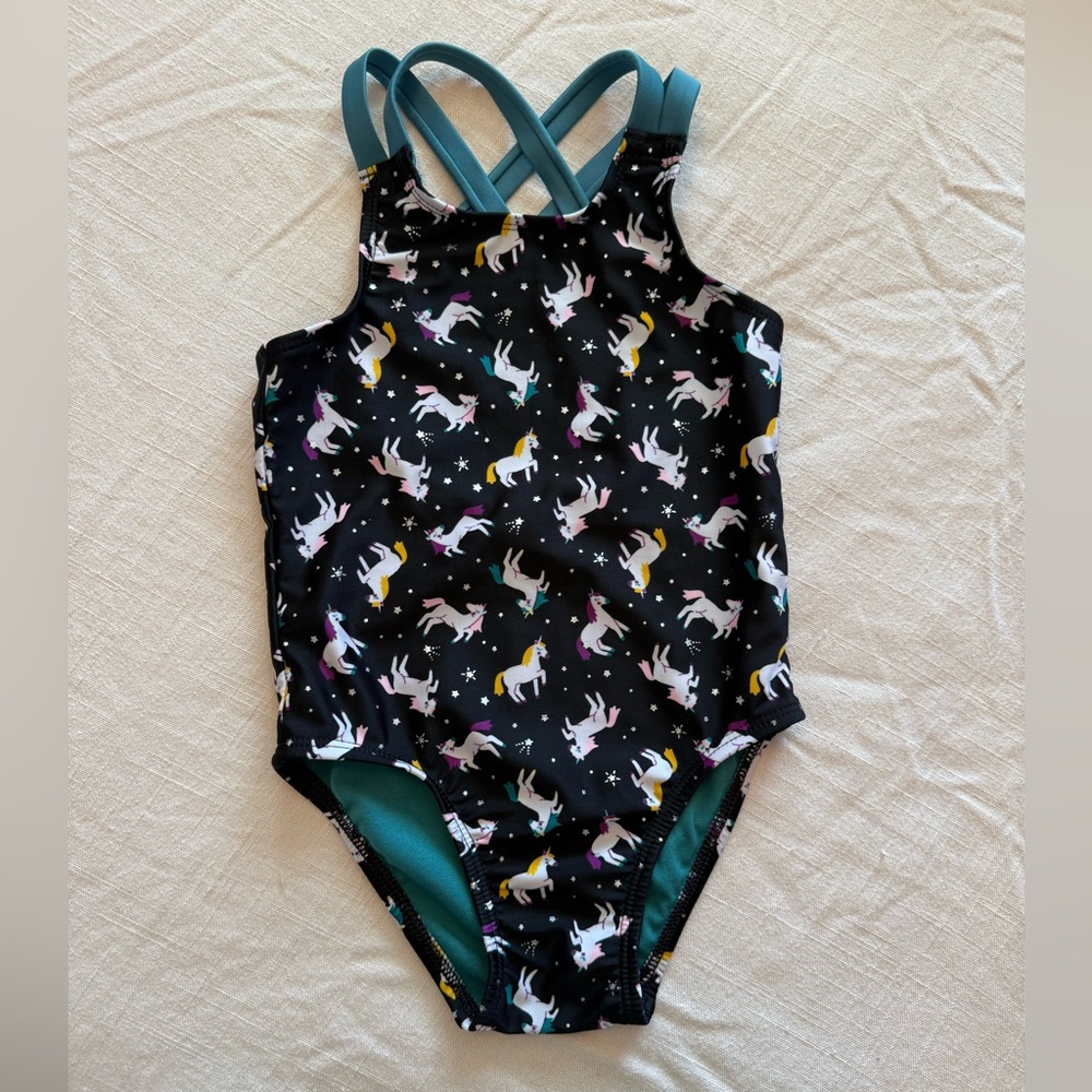 Cat & Jack Unicorn Print One Piece Swimsuit - Black and Teal